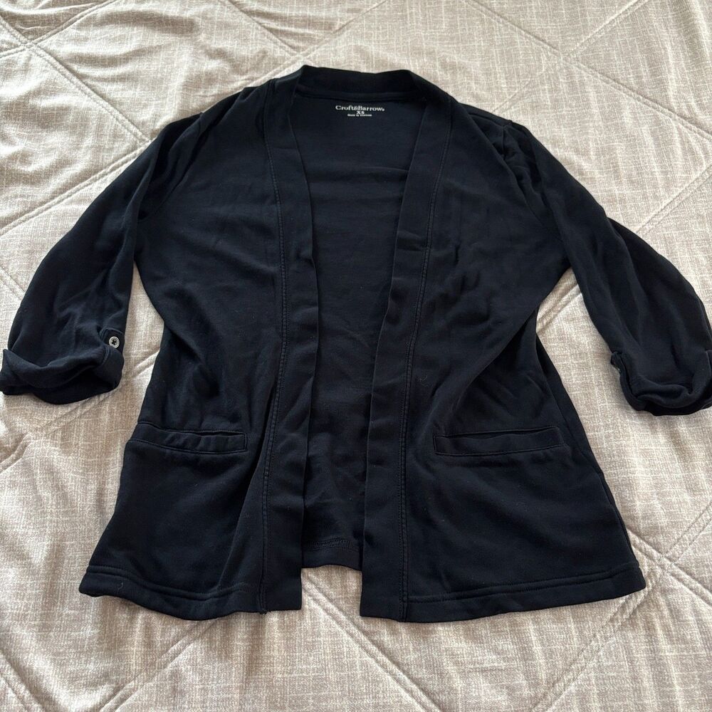 Croft & Barrow Black Open-Front Cardigan Roll-Tab 3/4 Sleeve Pockets Women's XS